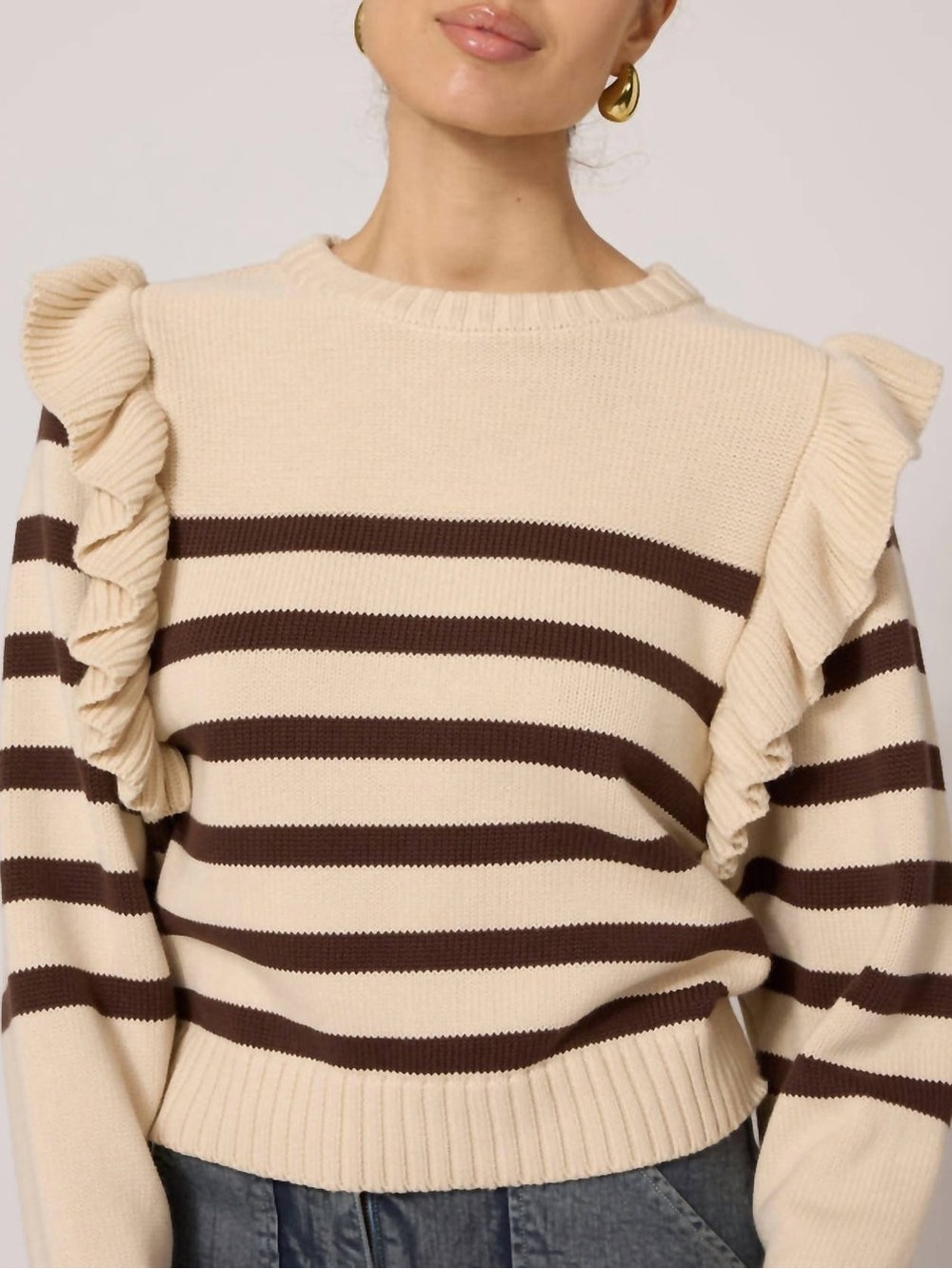 Cleobella Blair Striped Ruffle Shoulder Sweater - Cream & Brown